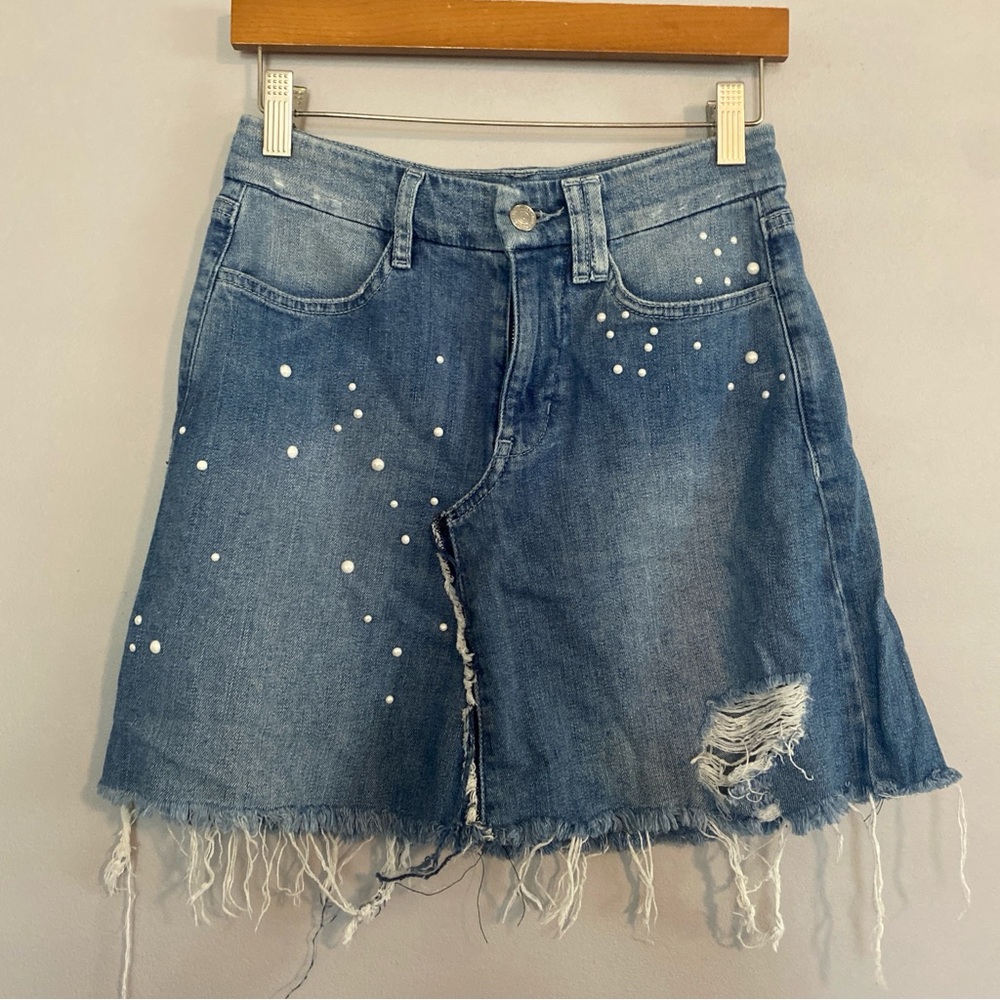 Guess Los Angeles Denim Mini Skirt W/Raw Edge and Pearl-like Accent - Size 24